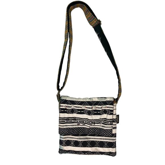 Catori Black White Striped Embellished Canvas Crossbody Boho Bag - Picture 1 of 8